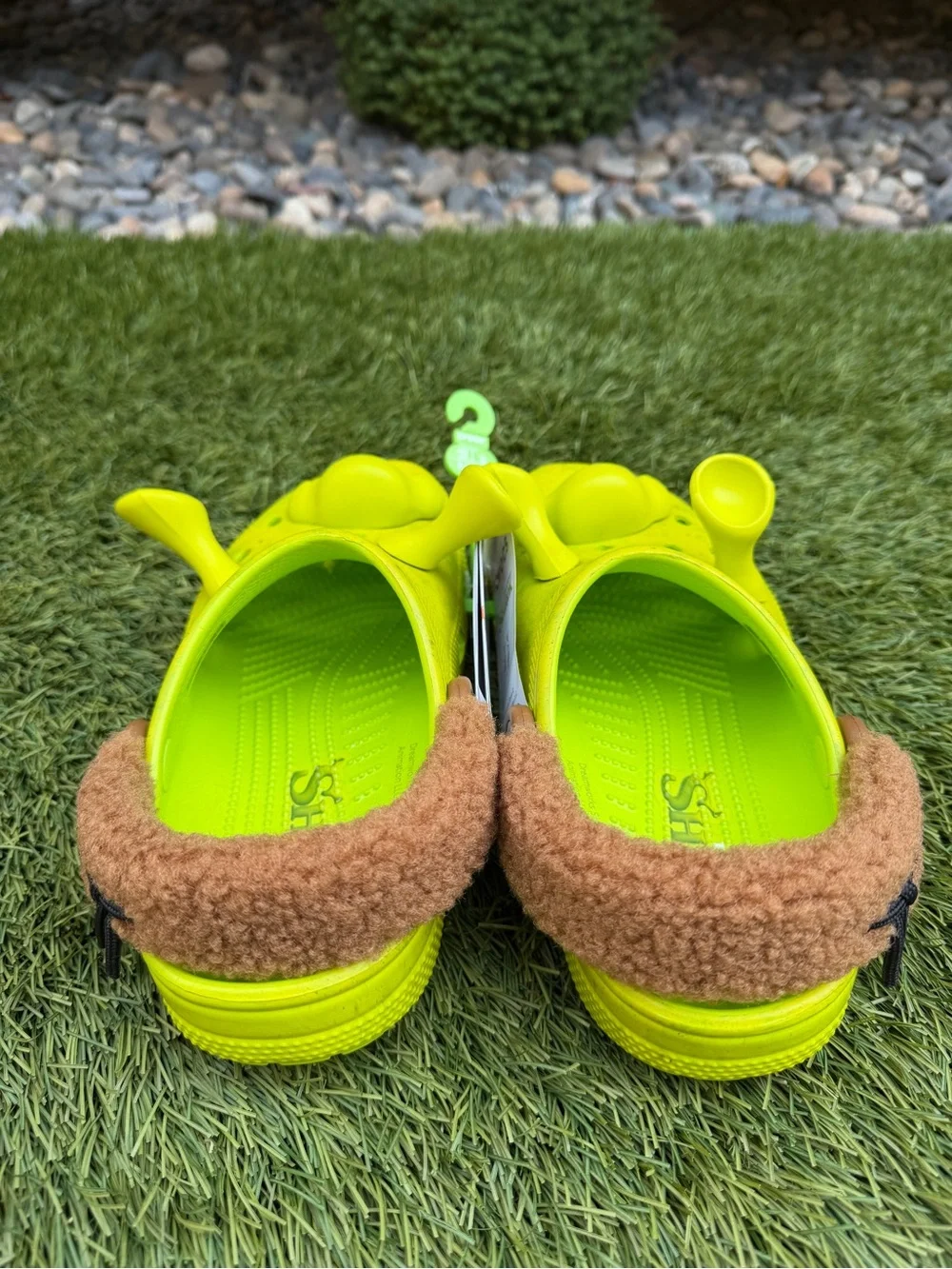 NEW SHRECK CROCS Kids' Fuzzy-Lined Clogs in Neon Yellow with Brown Trim